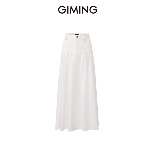 GIMING白色牛仔拼接半裙中长款