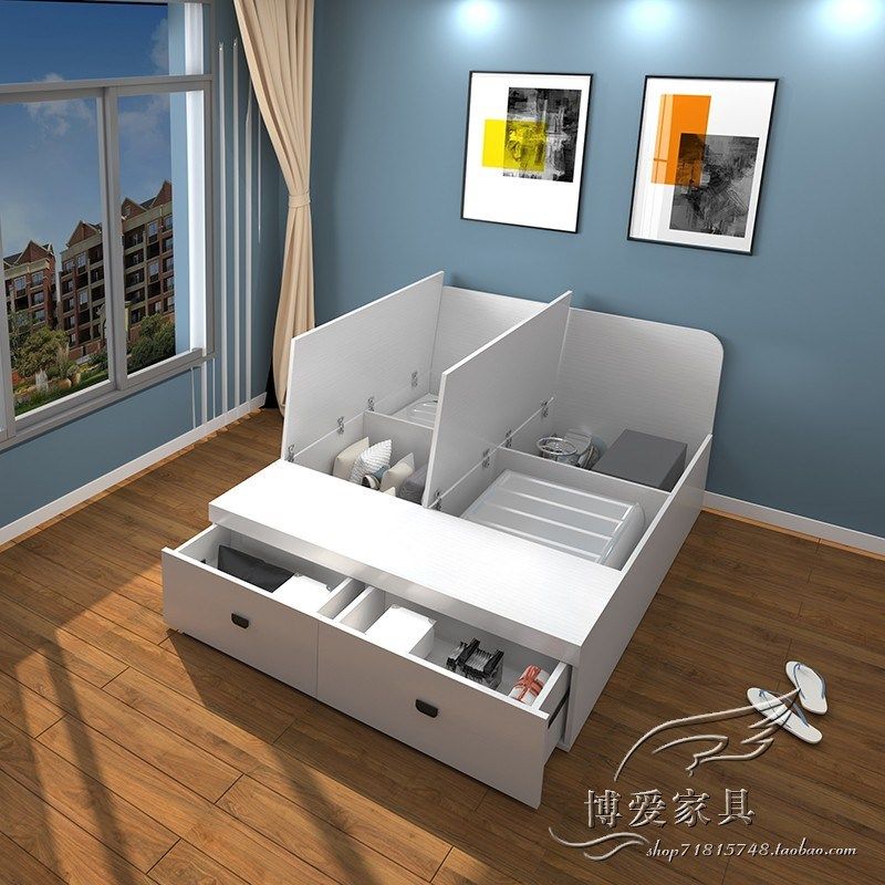 简约实木小户型高箱床尾带抽屉储物榻榻米床板式双人床单人1.2米