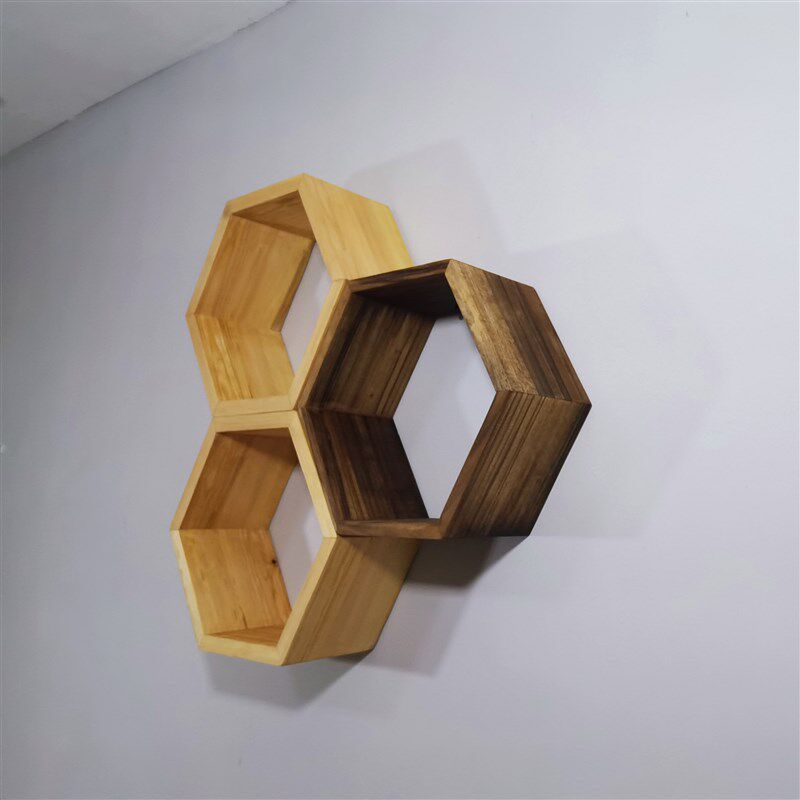 六边形蜂窝实木简约墙上置物架格子隔板书房壁挂书架背景墙装饰柜
