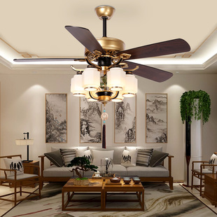新中式风扇灯吊扇灯客厅餐厅茶室卧室风扇吊灯木叶静音带灯电扇灯