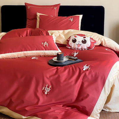 2024年新款龙年四件套全棉纯棉100支长绒棉被套红色新年款1.8床品
