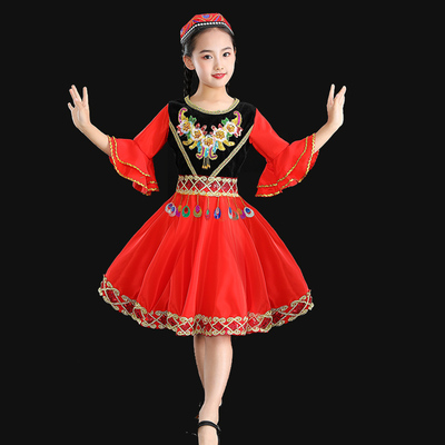 新疆舞蹈演出服儿童少数民族服装女童短裙维吾族舞表演服六一舞裙