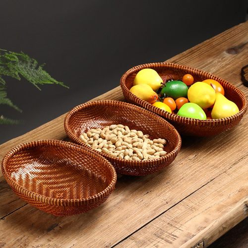 手工竹编收纳盒复古筐大漆无孔圆簸箕水果篮子茶道点心馒头收纳筐