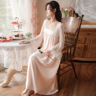 夏季女款古装宫廷睡裙女纯棉汉服性感睡袍复古长袖古风国风睡衣春