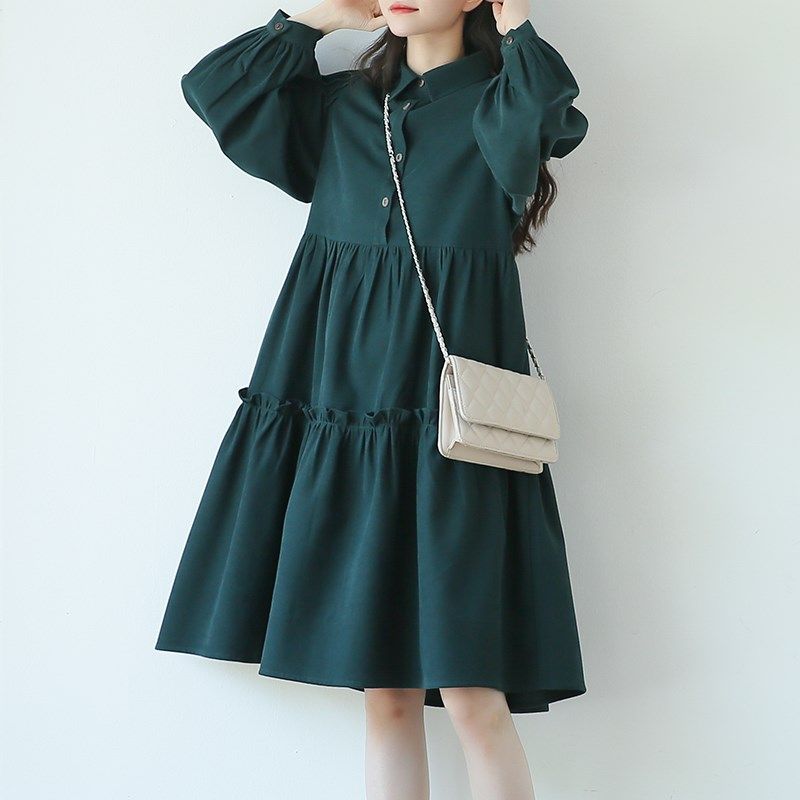 suin2024春秋新款文艺学院风宽松大码系带绿色衬衫领长袖连衣裙女