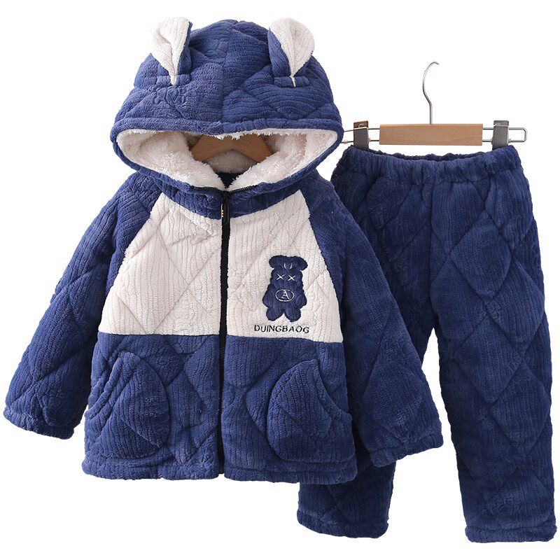 冬季儿童睡衣加厚夹棉男孩子中大童卡通法兰绒家居服保暖套装带帽