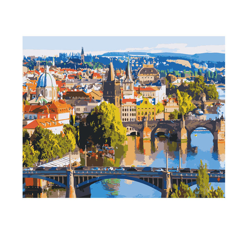 数字油画diy填充手工填色城市建筑手绘捷克城市风景油彩丙烯画画