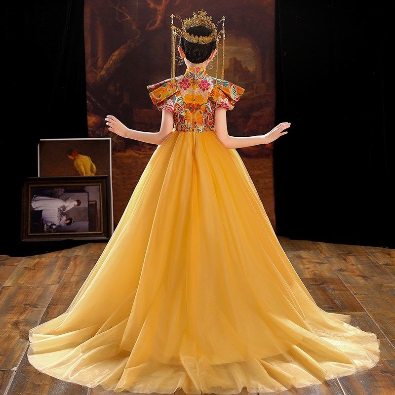 女童夏国潮礼服高端走秀2024新款儿童拖尾公主裙中国风小主持人秋