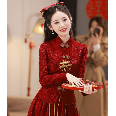 敬酒服新娘旗袍夏季酒红色订婚礼服裙中式回门便装当天结婚改良女