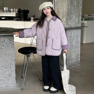 女童秋冬夹棉外套2024新款女大童冬装加厚一体绒棉服儿童轻薄棉衣