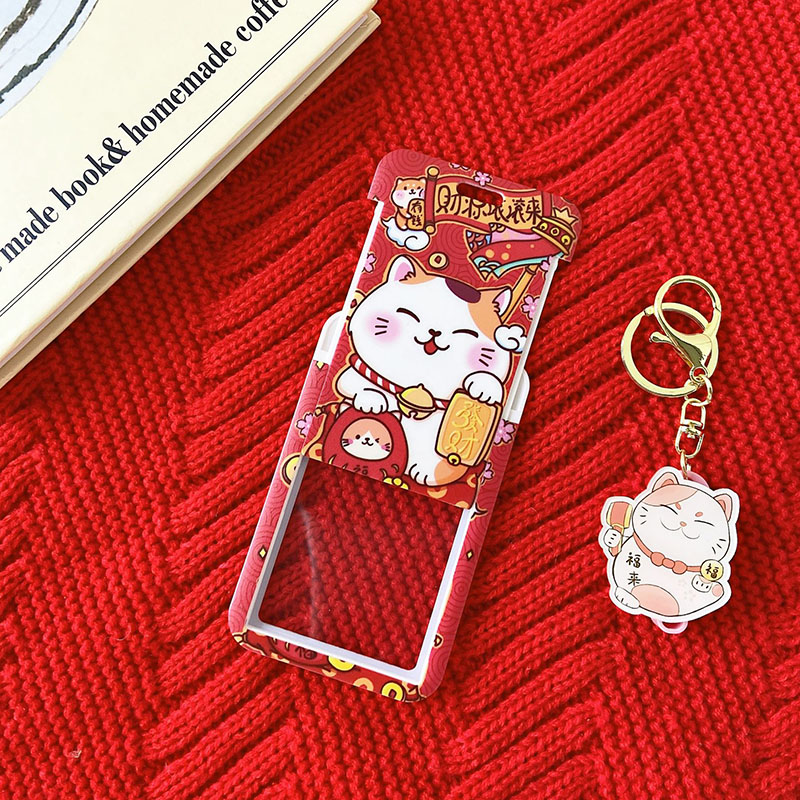 可爱招财猫卡套学生卡羊城通红色保护壳证件套猫咪可伸缩钥匙扣