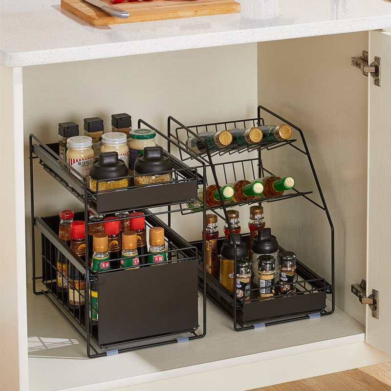 厨房收纳架落地式台面家用抽拉式架子储物橱柜下用品下水槽置物架