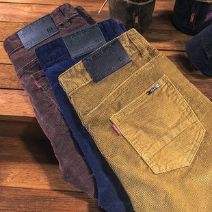 灯芯绒休闲裤男纯棉弹力修身直筒秋冬加绒加厚中年灯草绒条绒裤子