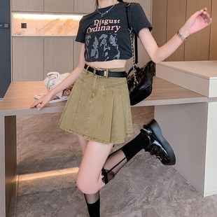 高腰百褶短裙防走光a字裙裤 灰色牛仔半身裙女春夏薄款 2024年新款