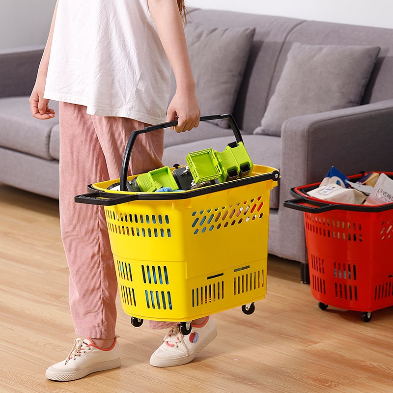 商超市篮拉杆带轮购物篮买菜购物小推车手提塑料篮子零食店购物车