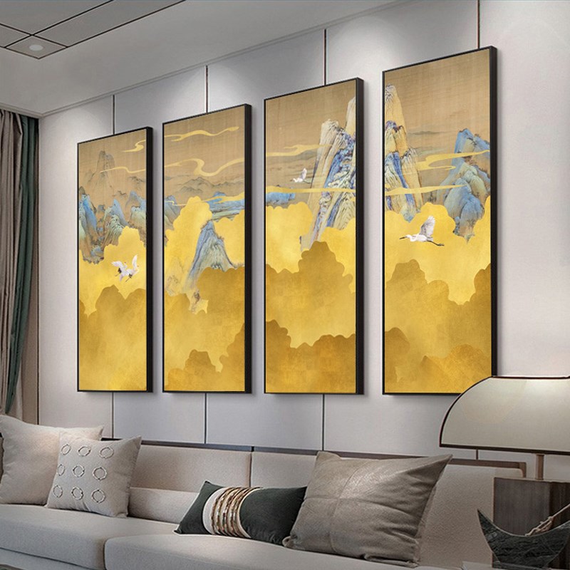 中式装饰画竖版宫殿仙鹤建筑风景画酒店大堂四联T画茶室瑞鹤图挂图片
