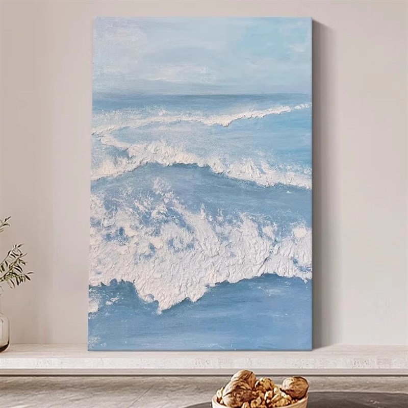 蓝色大海艺术感油画奶油风玄关装饰画客厅抽P象海浪卧室书房挂画图片