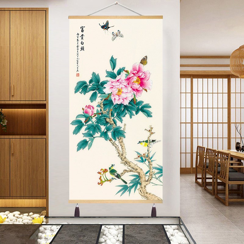 富贵牡丹仿古画书房m客厅玄关卧室墙壁走廊装饰画布艺挂画挂布简图片