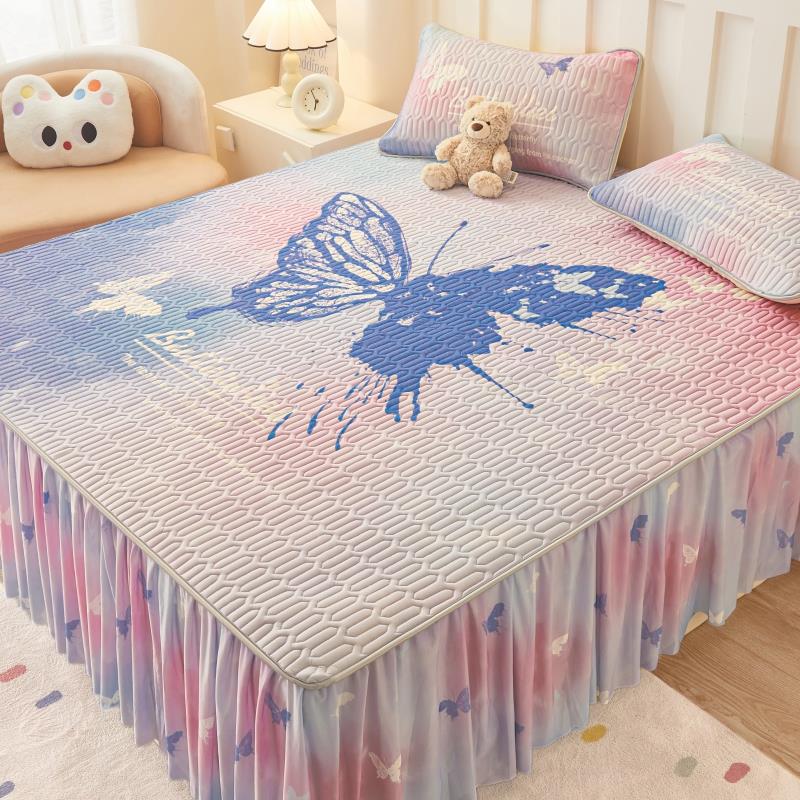 2025新款梦幻渐变蝴蝶乳胶冰丝凉席三件套床裙款可机洗夏季软席子