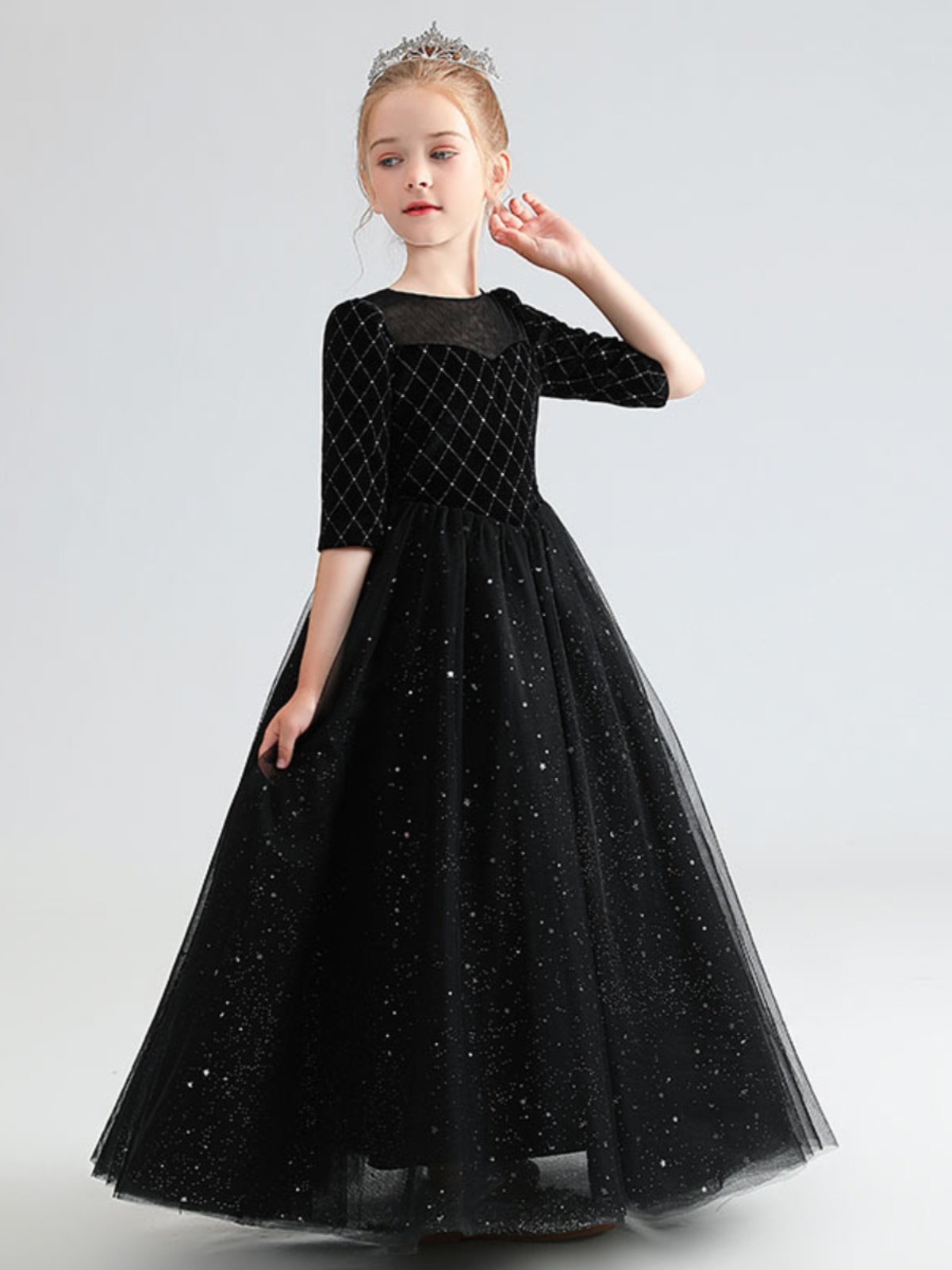 女童礼服儿童高端管弦乐钢琴大小提琴演出服主持人合唱黑色公主裙