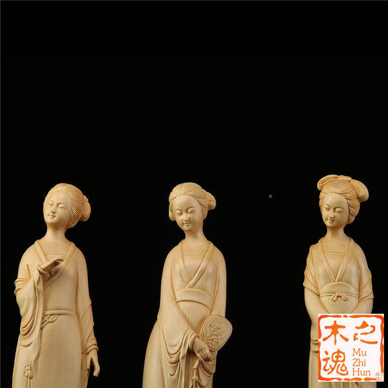 现代桧木厅雕窈居窕淑女中式家客摆件装饰品江738南美女人物刻工
