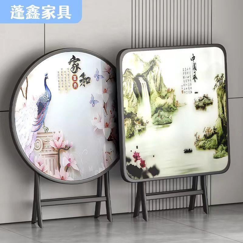 折叠桌户外型出租屋租HUA房圆桌餐桌小子户家小用饭桌钢化玻璃折