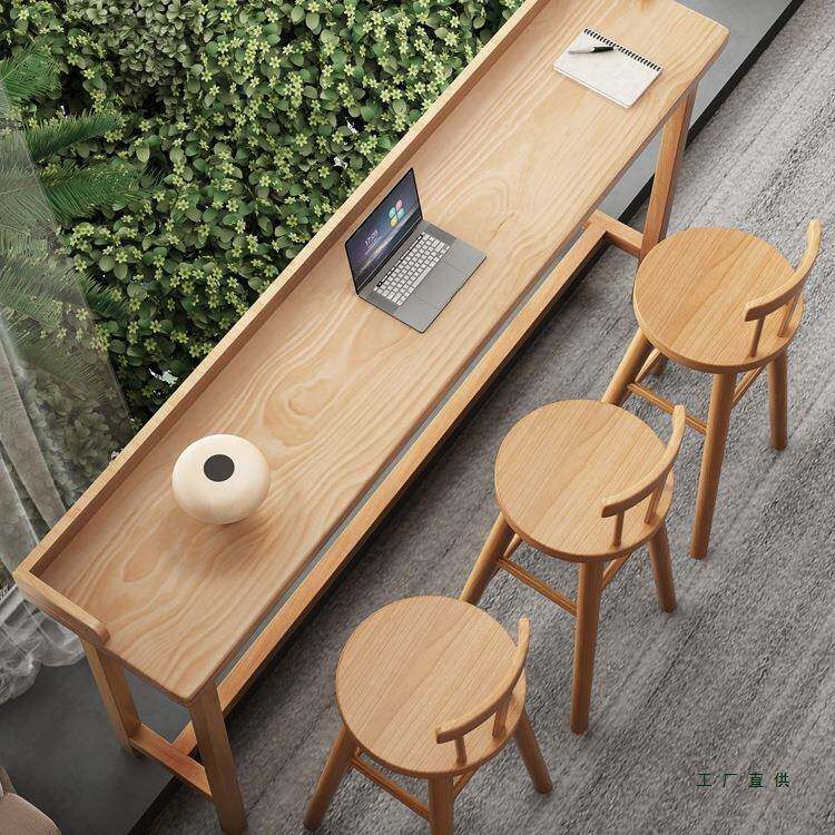 阳台吧台桌家约用TOC简实木条靠窗窄桌高低脚长桌子高脚桌桌长椅