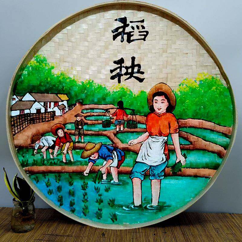 手绘挂编簸箕画家乐装饰农耕文化乡农t5659979村振兴田园墙面竹墙