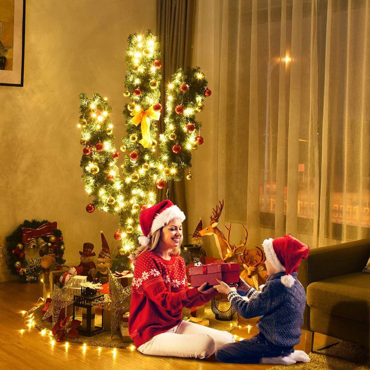 新品诞诞装饰仙人掌造型圣树圣带灯加彩节球圣诞场地装圣诞树-饰