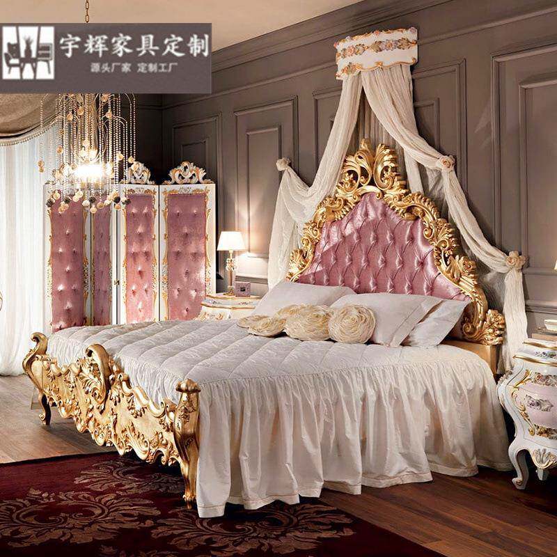 式粉色布艺双22079人床18米华彩绘公主床奢别墅法欧式金.箔实木床