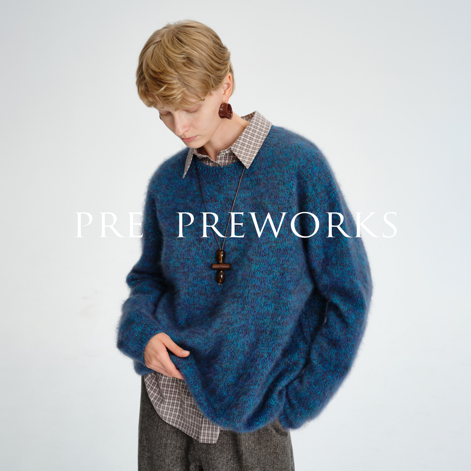 PRE PREWORKS慵懒氛围感羊绒水洗拉绒柔感花纱廓形圆领针织毛衣