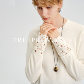 100%绵羊毛针织打底衫 PRE PREWORKS手工镂空钩花芽边圆领针织衫