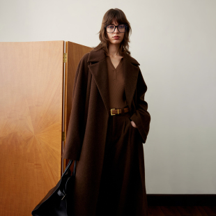 大翻领宽松羊毛大衣外套女 咖色长款 PRE PREWORKS复古静奢风