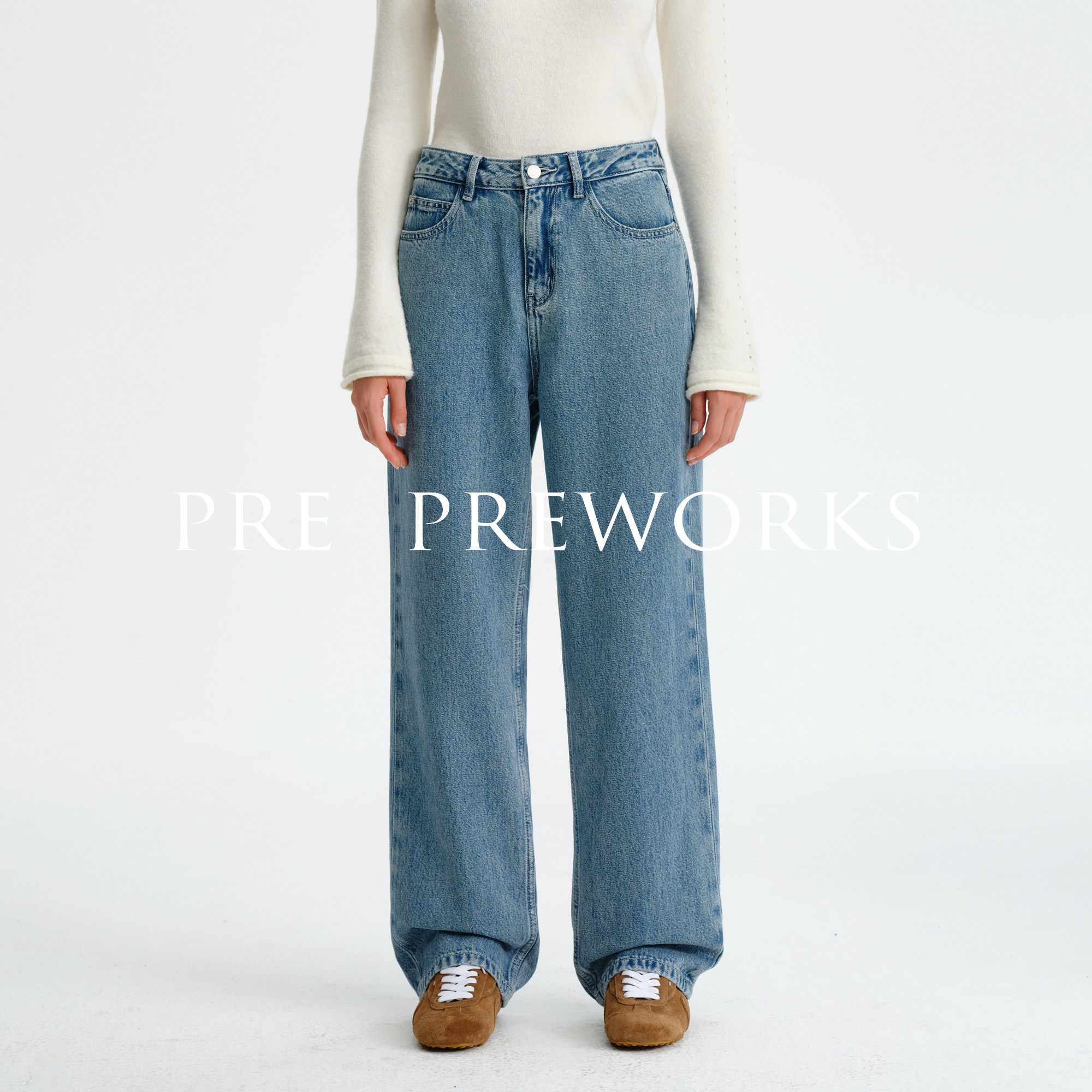 PRE PREWORKS率性复古经典水洗磨白高腰经典百搭直筒牛仔裤长裤
