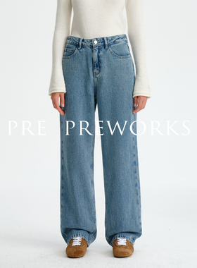 PRE PREWORKS率性复古经典水洗磨白高腰经典百搭直筒牛仔裤长裤