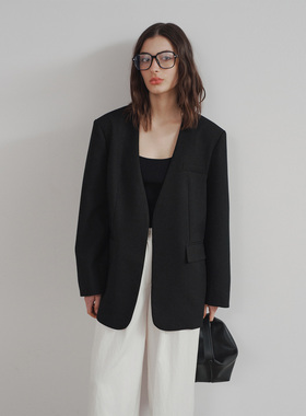 PRE PREWORKS无领西装外套女 挺阔极简无扣篙级气质羊毛黑色外套