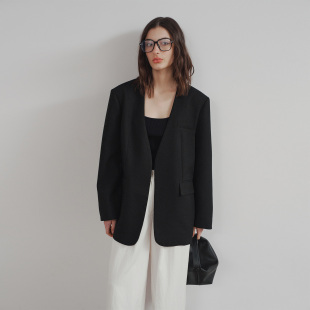 挺阔极简无扣篙级气质羊毛黑色外套 外套女 PRE PREWORKS无领西装
