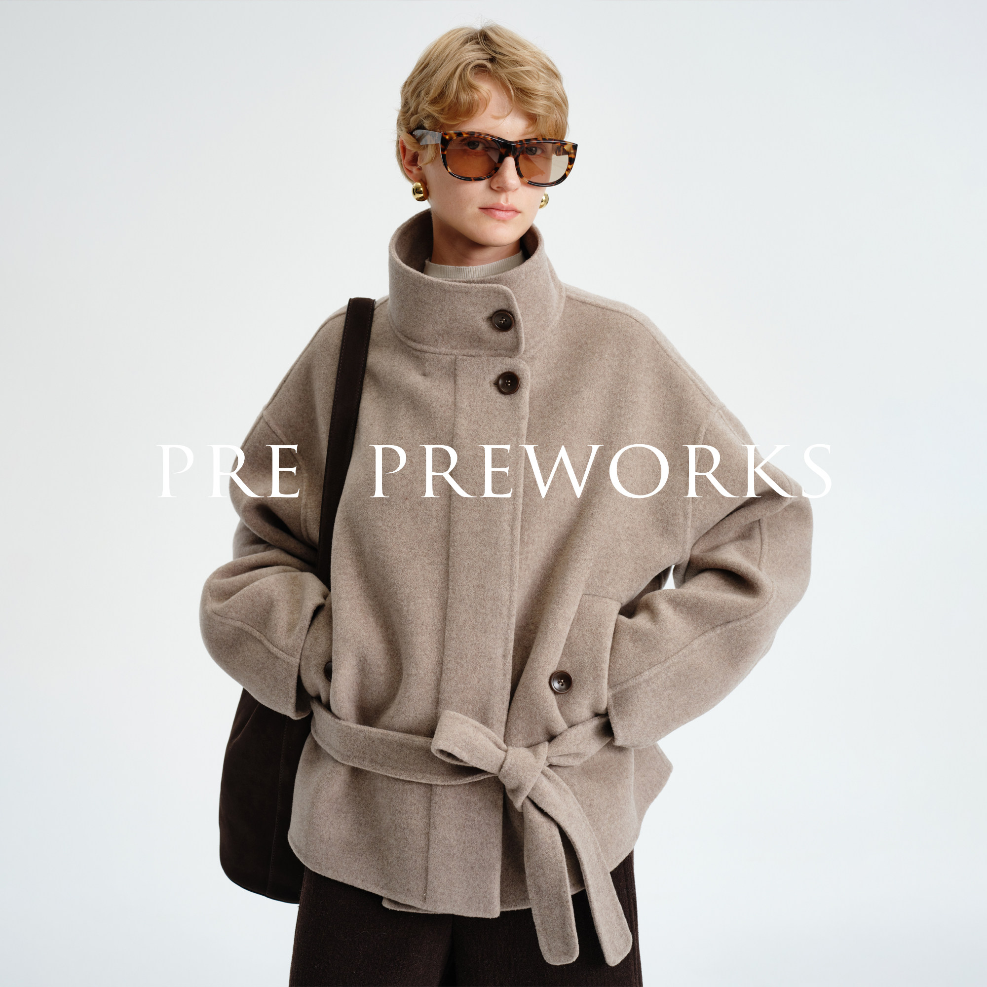 PRE PREWORKS25冬智感羊毛山羊绒双面呢立领短款廓形大衣外套女