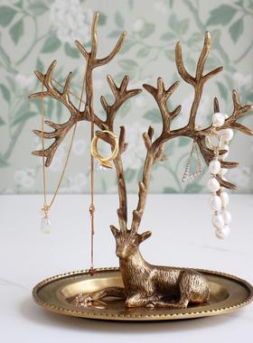 印度进口纯铜装饰麋鹿托盘桌面整理收纳首饰盒金色复古手工礼品