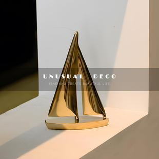 UNUSUAL 印度进口欧式轻奢金色铜制帆船摆件高档书房书桌书柜装饰