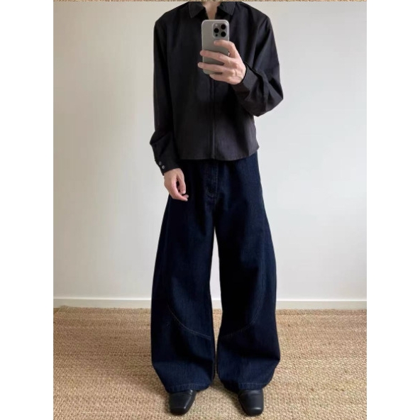 欧洲站慵懒松弛感日系弯刀牛仔裤秋冬新款萝卜香蕉裤宽松高腰阔腿