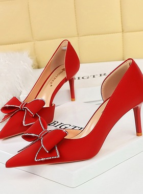 3226-AH37女鞋婚鞋高跟鞋细跟浅口尖头侧镂空水钻蝴蝶结单鞋