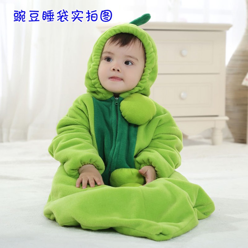 婴儿睡袋春秋冬款加厚卡通宝宝防踢被新生儿童带袖毛毛虫豌豆睡袋