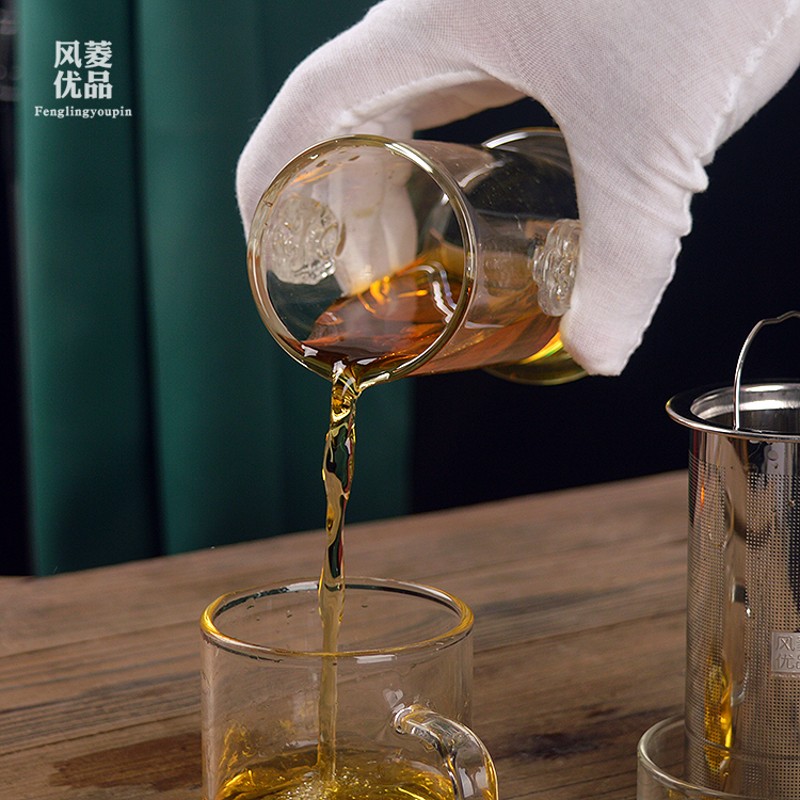 日式双耳耐热玻璃红茶杯具红花茶壶功夫泡茶器具不锈钢内胆过滤