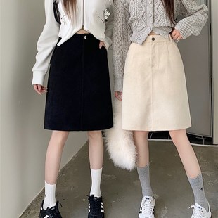 大码复古红色灯芯绒中裙女冬季高腰百搭a字裙松紧腰中长款半身裙