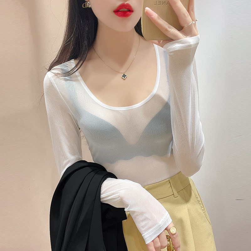 黑色长袖内搭薄纱衣性感蕾丝上衣大领口网纱打底衫女新款透明低领