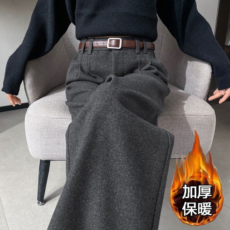 深灰色加绒毛呢阔腿裤女秋冬季新款高级垂感直筒高腰休闲西装裤子