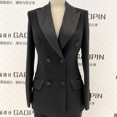 2024春秋款黑色修身时尚高级感西装套装女缎面亮色领喇叭裤两件套