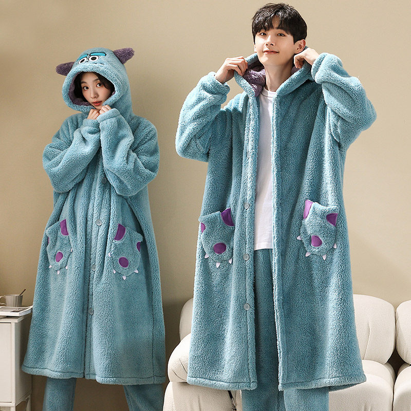 珊瑚绒情侣睡衣女秋冬季睡袍可爱法兰绒加绒加厚男士长款浴袍套装