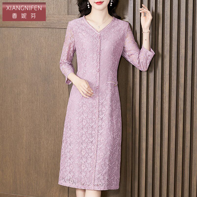 香妮芬紫色高端蕾丝中年妈妈气质温柔风2025新款夏装七分袖连衣裙